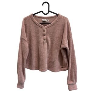 Hollister M Pink Textured Henley‎ Long Sleeve Cropped Sweater